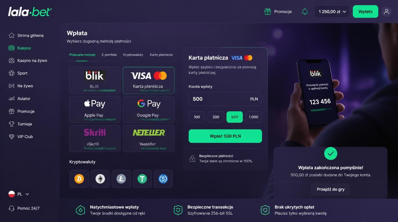 Ikona BLIK, karta bankowa, portfel elektroniczny i kryptowaluty na tle interfejsu kasyna