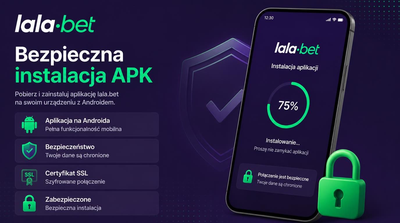 Interfejs podczas instalacji aplikacji Lalabet na Androidzie z ikoną bezpieczeństwa i certyfikatu SSL.