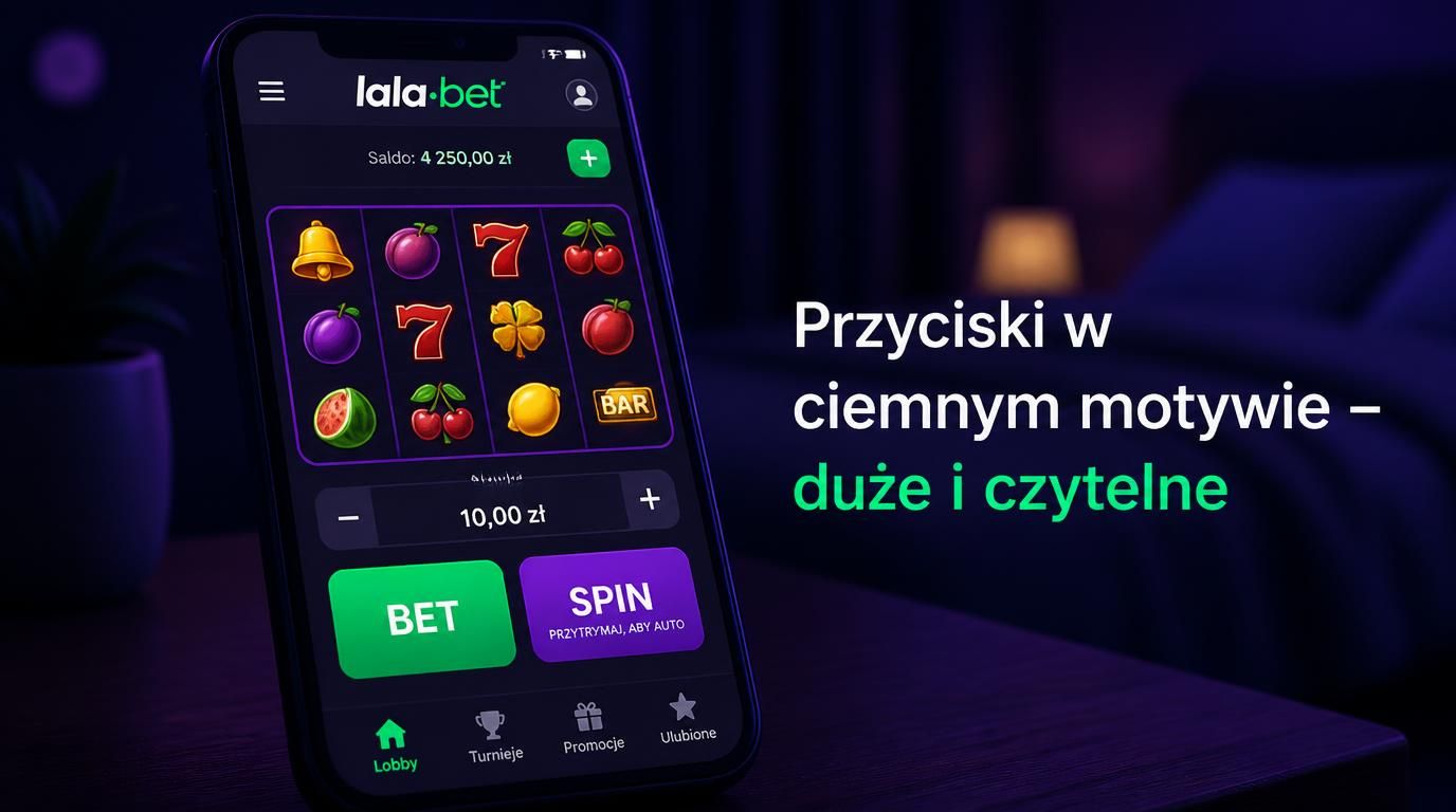 Ciemny motyw z dużymi przyciskami Lalabet nocą.