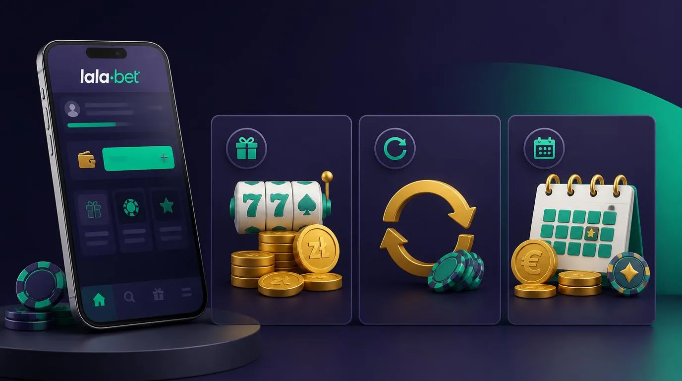 Zestawienie bonusu powitalnego i nagród tygodniowych obok telefonu z widokiem konta gracza